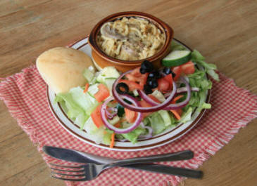 My Just Desserts – homemade casserole with side salad and rol